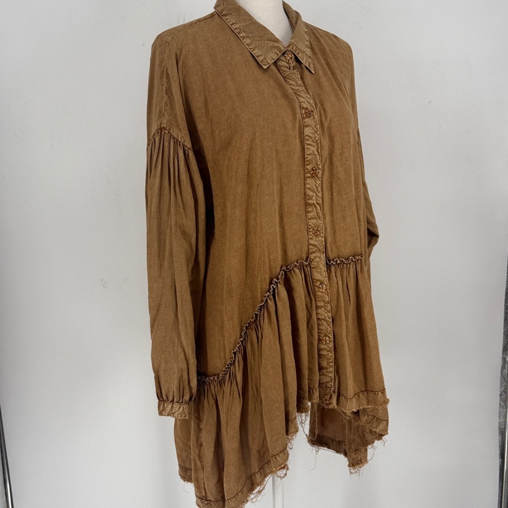 Tru Luxe Women's Washed Button-Up Peplum Top Boho Layered Look size L